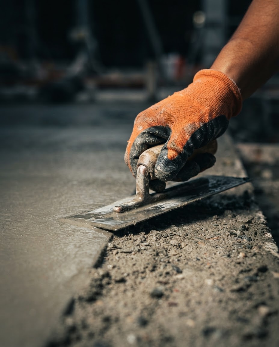Close-up of a craftsman finishing wet concrete with a steel trowel