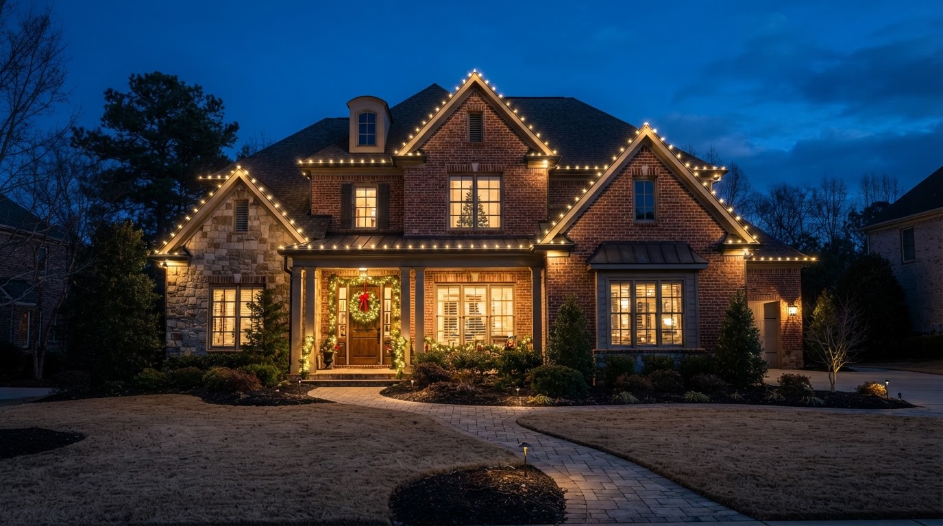 Brick home outlined with warm white holiday lighting at dusk