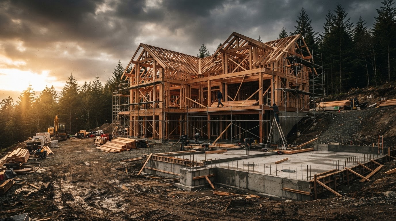 Custom home under construction at golden hour with exposed framing and a poured foundation