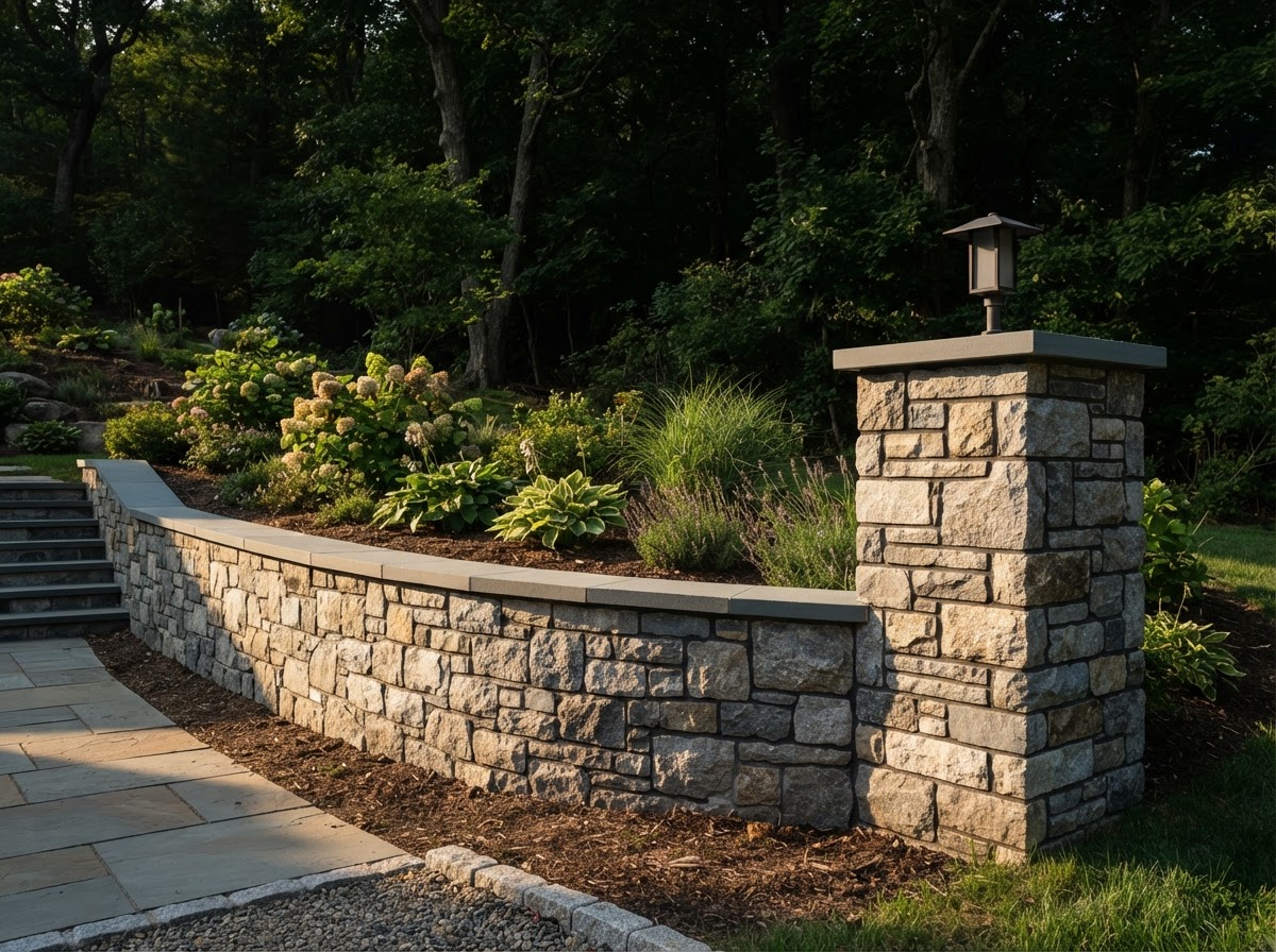 Stacked stone veneer wall and column with tight mortar joints
