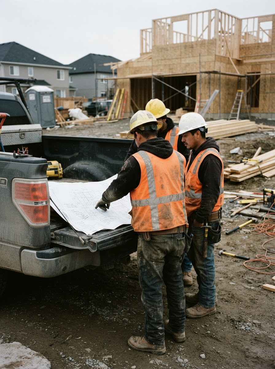 Pure Build crew in hard hats reviewing plans at a residential job site