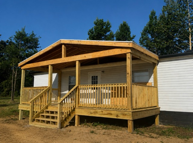 Completed covered porch addition with wood railing and stairs