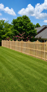 New wood picket fence running along a green lawn