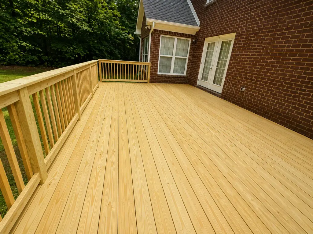 Wide wood deck running the length of a brick home beside french doors, the type of build our general contractor Mt Juliet TN crew adds to newer homes