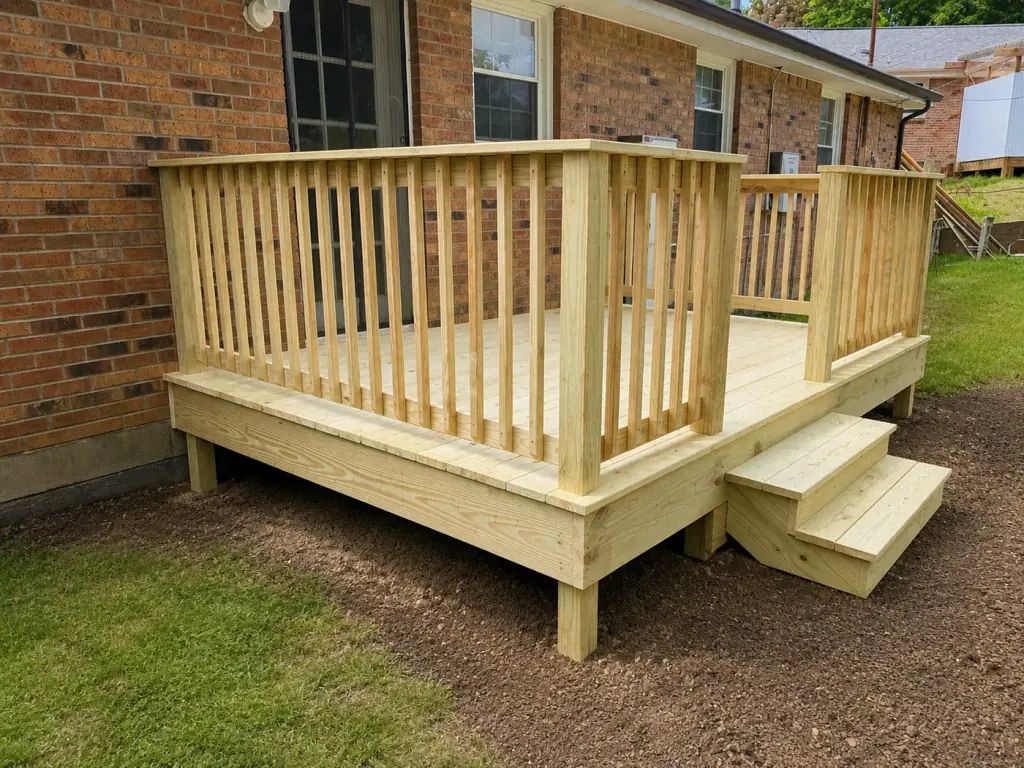 Compact wood deck with railings and a short stair run off a brick home