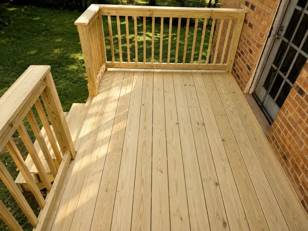 Wood deck with a railed landing and stairs stepping down to the lawn