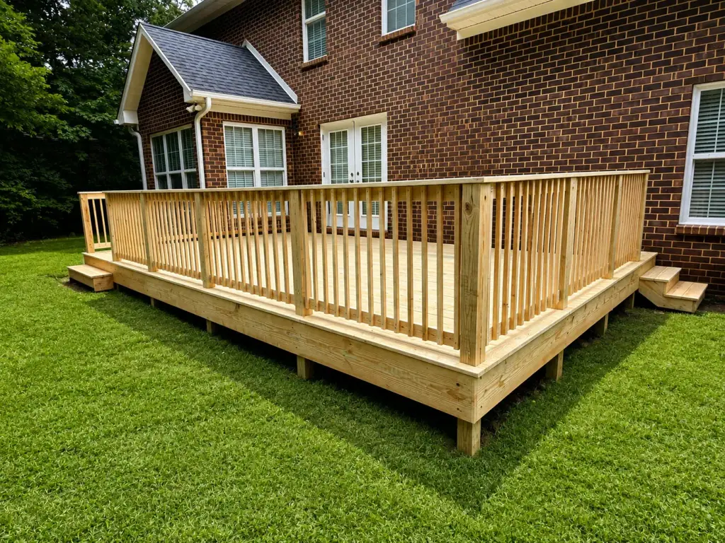Large treated wood deck with railings built onto the back of a brick home