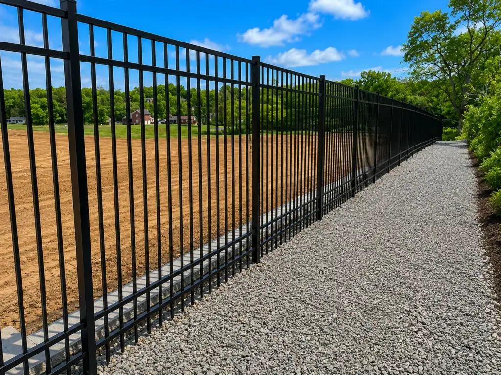 Black ornamental aluminum fence running along a gravel path beside a field