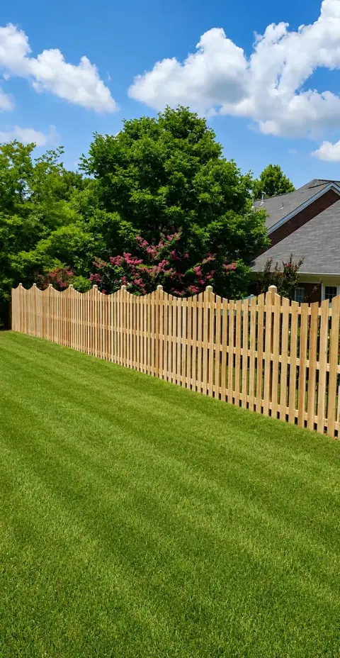 Picket fence run straight along a mown back lawn under a blue sky