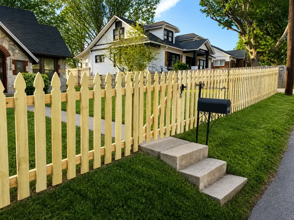 Picket fence along a neighborhood sidewalk with a mailbox and steps