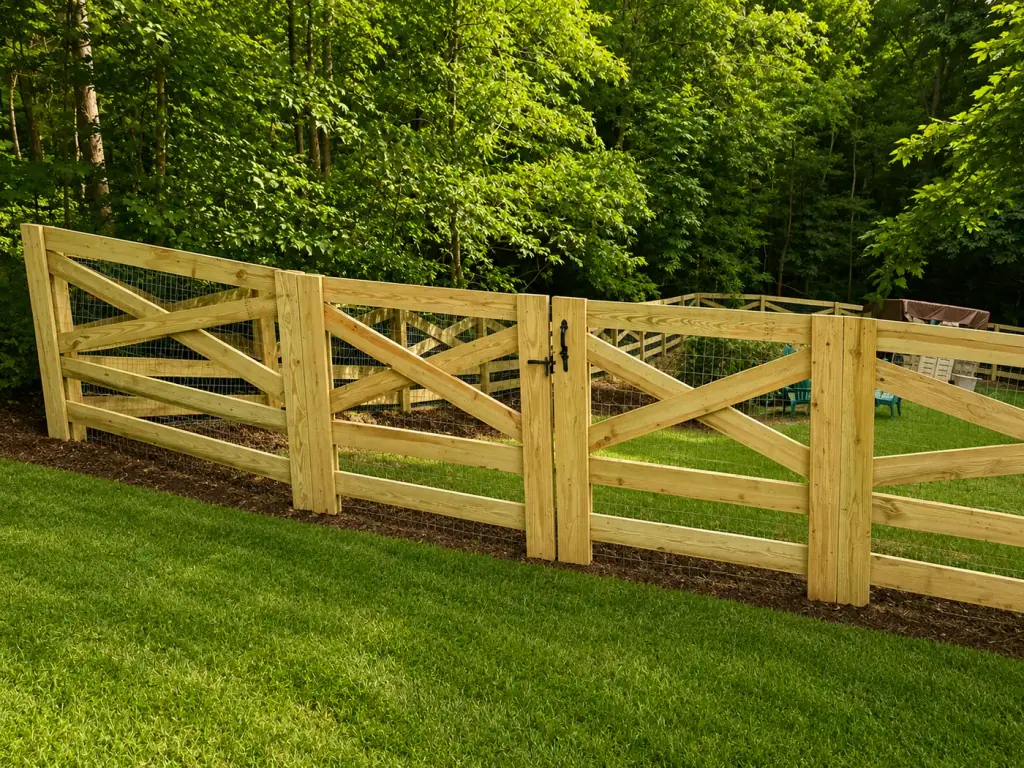 Cross-buck wood ranch fence with a matching swing gate at a tree line