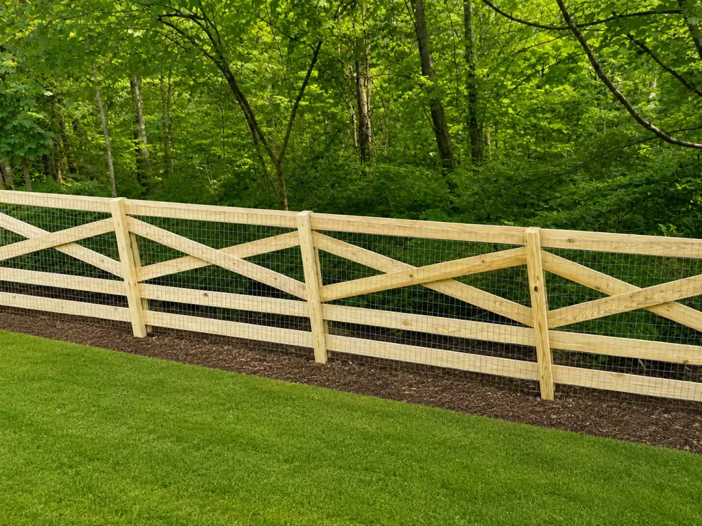 Wood ranch rail fence with wire mesh along a wooded tree line, one of our fence installation services