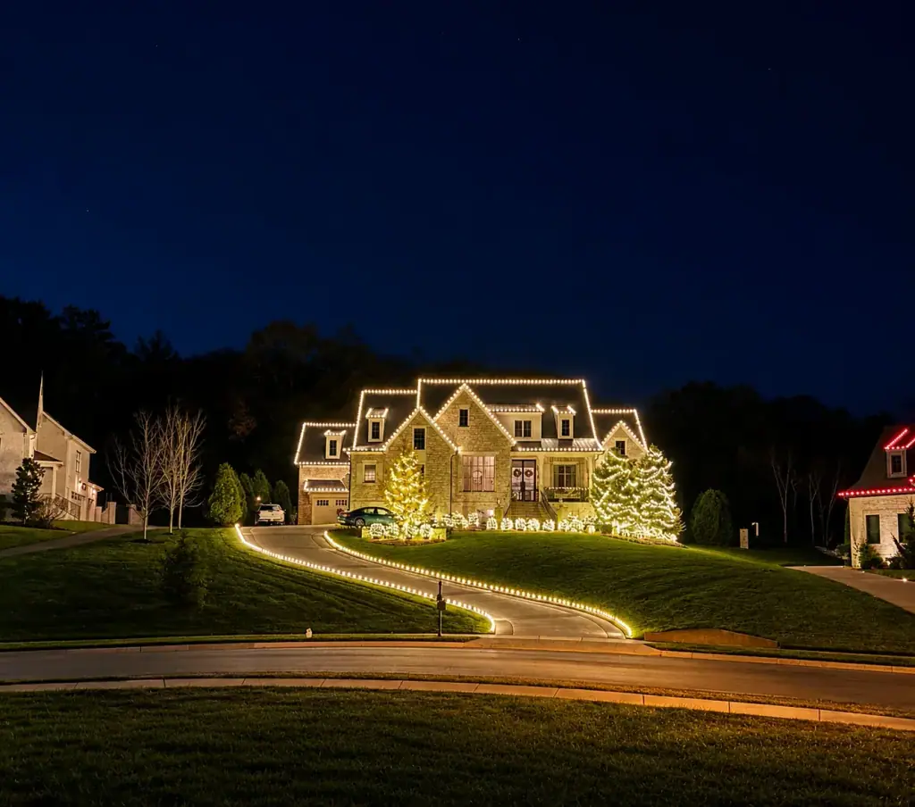 Home with a lit roofline and a driveway lined with lights at dusk