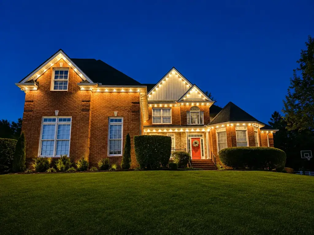 Brick two story home outlined with warm white roofline lighting at dusk