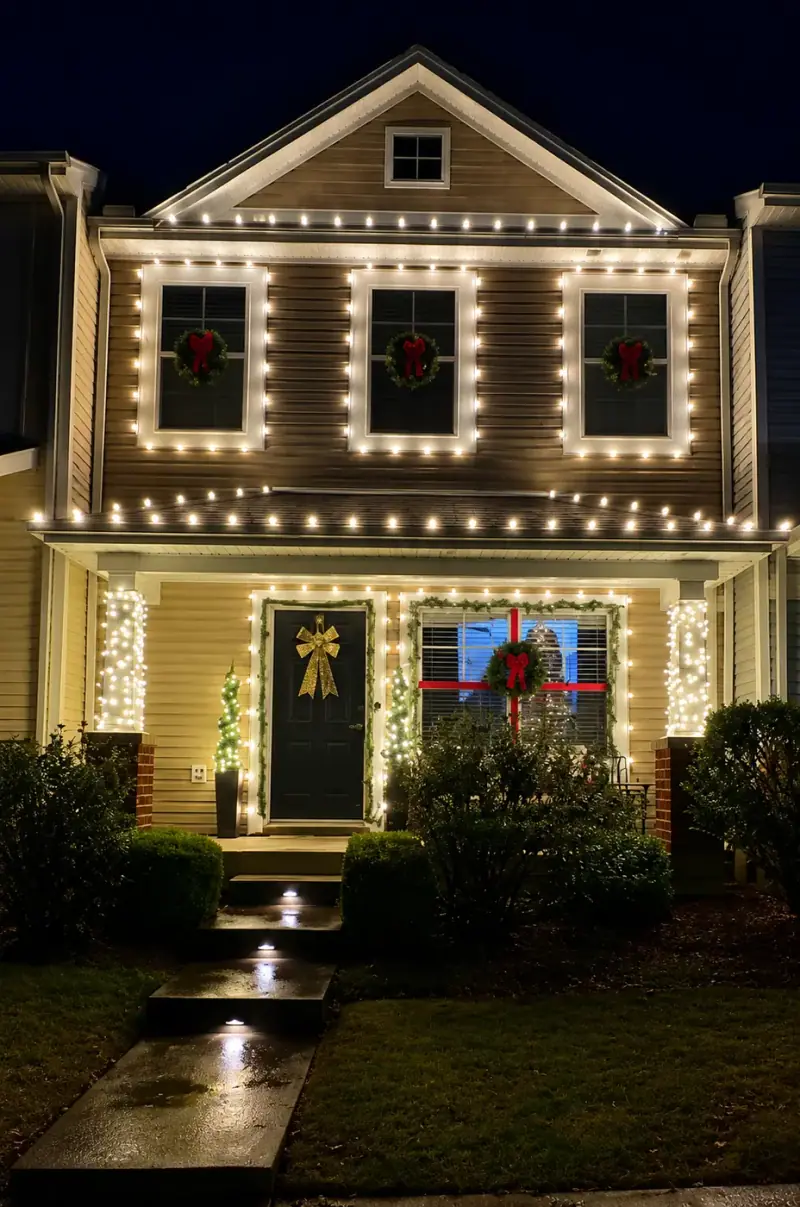 Two story home lit with warm white lights, wreaths and a bow on the door