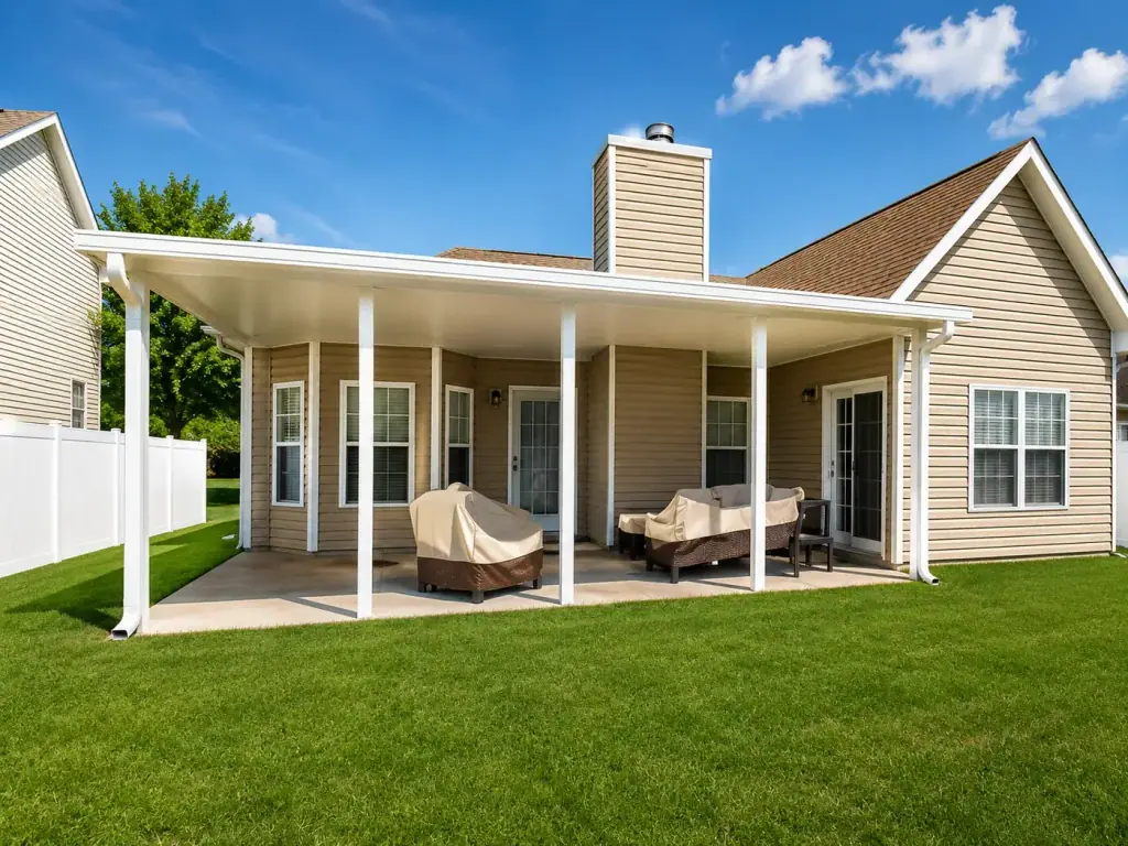 Covered concrete patio with outdoor furniture across the back of a home, the kind of outdoor work our general contractor Murfreesboro TN crew builds