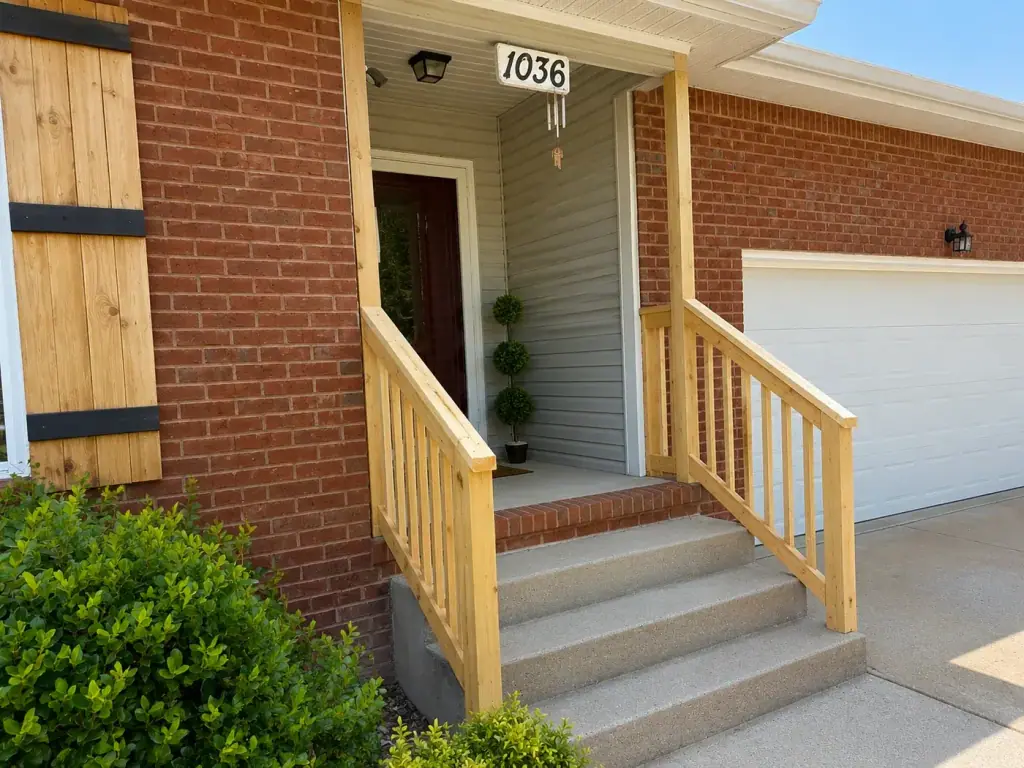 Rebuilt front entry steps with wood railings on a brick home, typical work for our general contractor Nashville TN crew