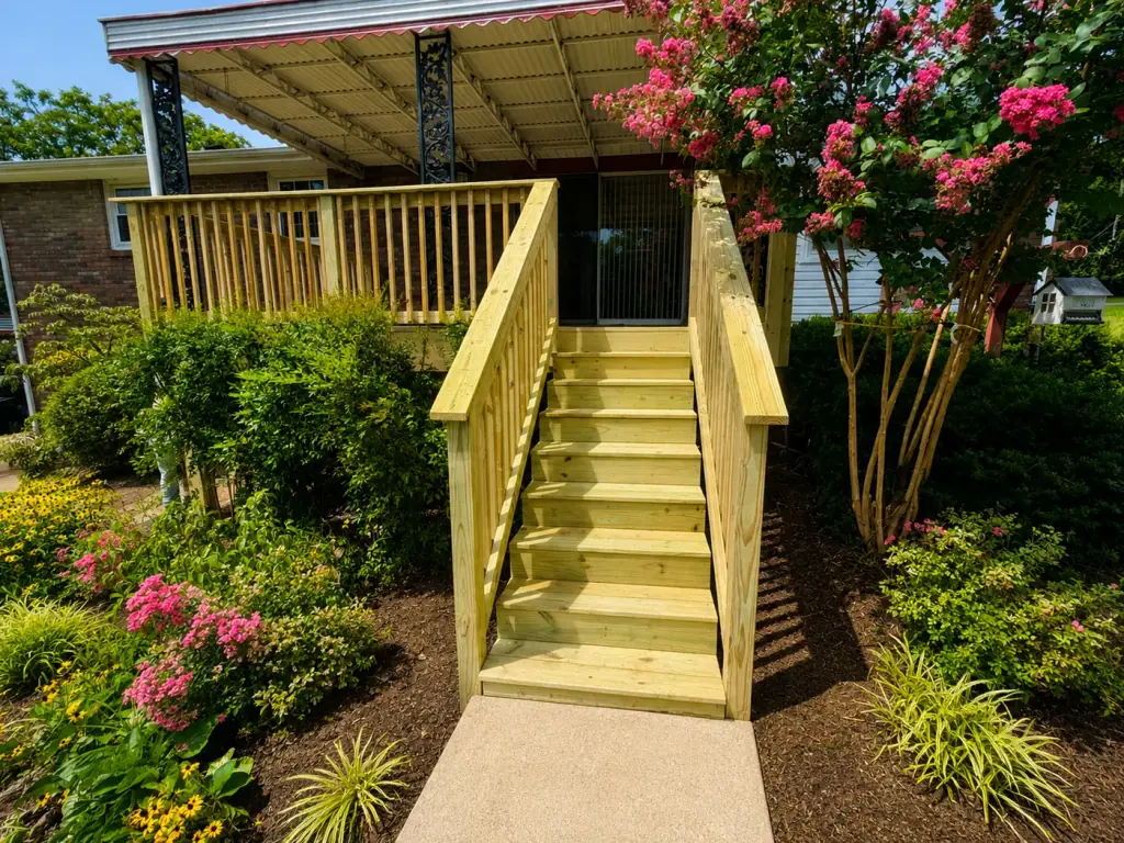 Rebuilt porch stairs and railing set between established planting beds