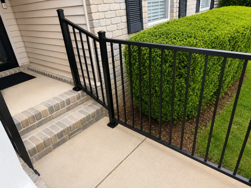 Black aluminum railing set on brick steps beside a walkway